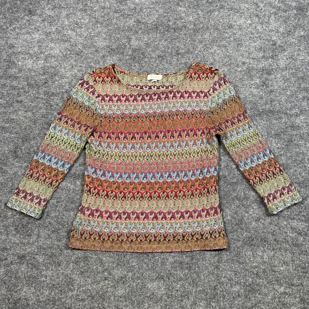 Devan Womens Small Multicolor Metallic Crochet Knit Chevron 3/4 Sleeve Top Boho